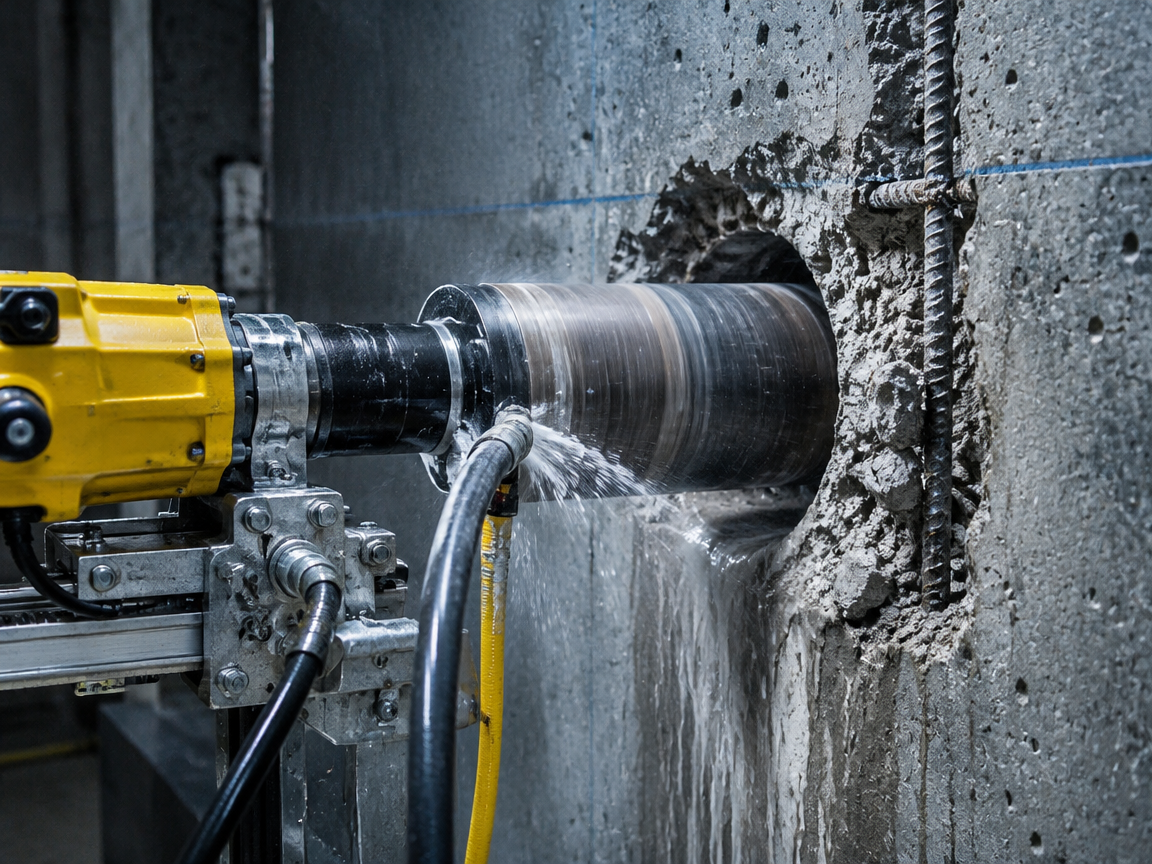 Wall core cutting through a reinforced concrete wall with a diamond drill bit