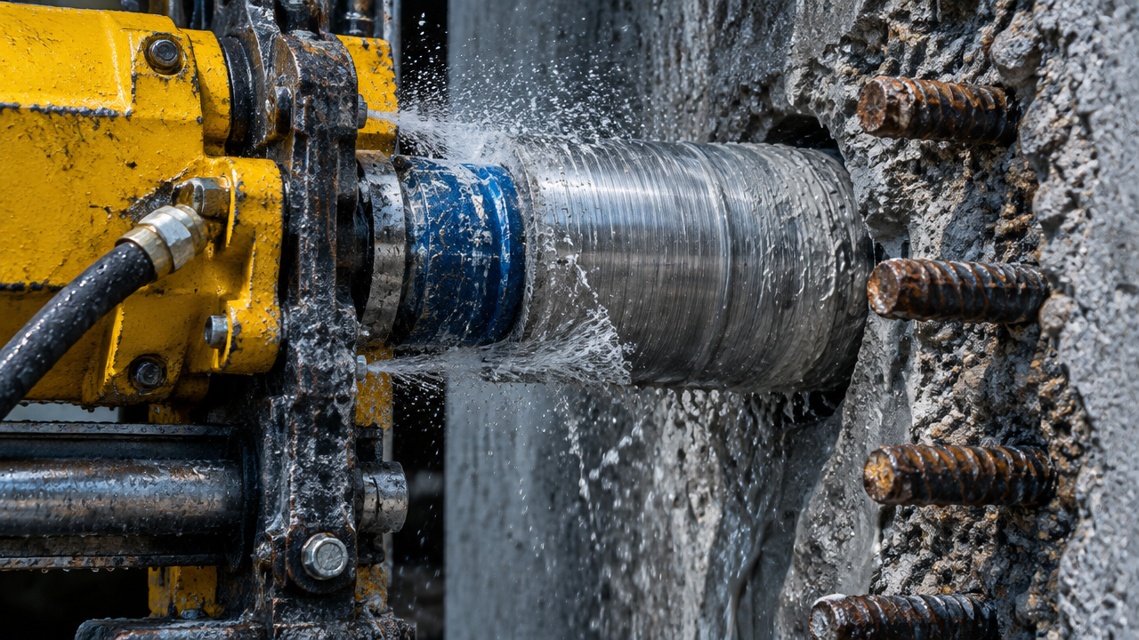 Diamond core drilling machine boring a hole through reinforced concrete with water cooling