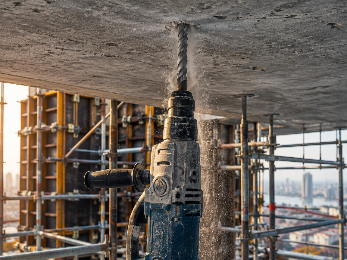 Heavy-duty drill boring a hole into a concrete ceiling slab on a construction site