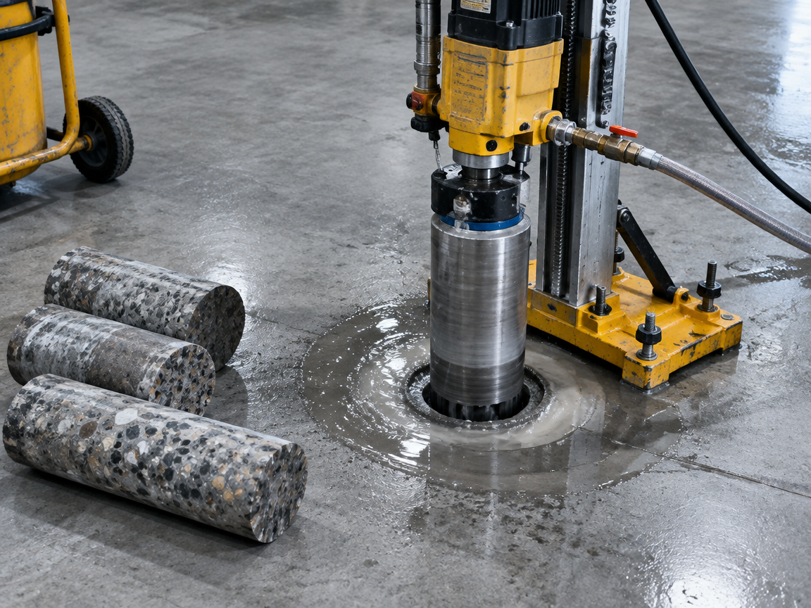 Core drilling rig cutting a circular hole through a concrete floor slab