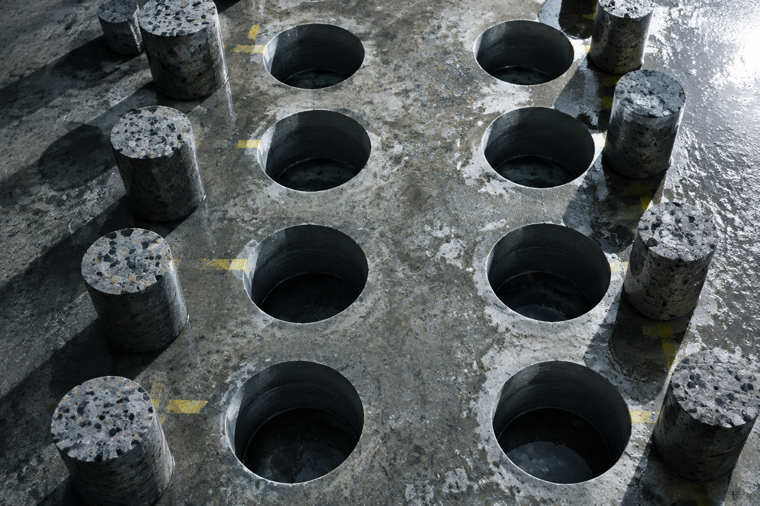 Concrete slab with a neat grid of accurately drilled core holes