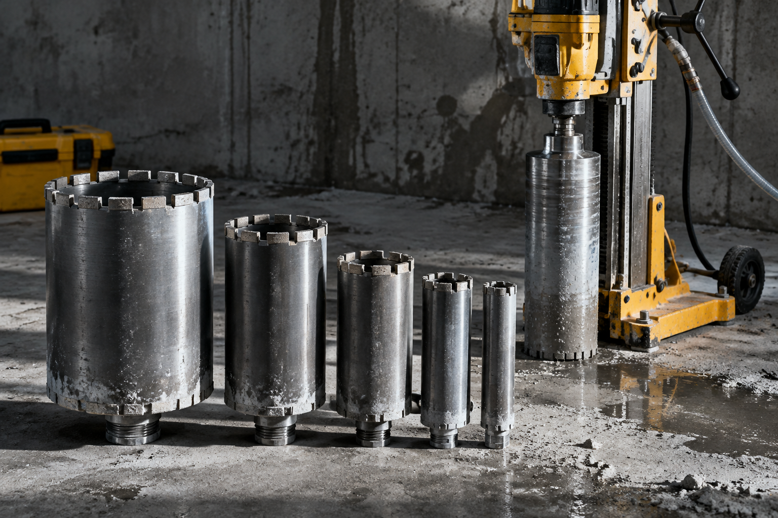 Diamond core drill bits of several diameters arranged beside a core drilling machine