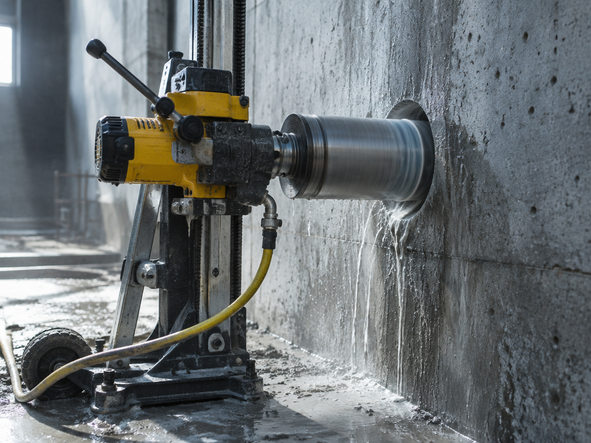 Diamond core drill rig cutting a circular hole through a concrete wall in Karachi